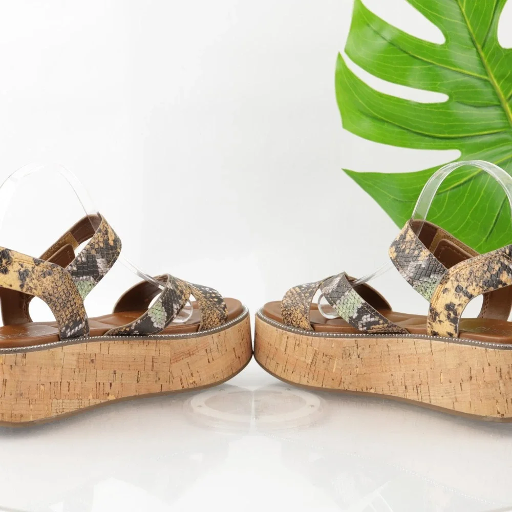 Franco Sarto Womens Ozio Sandals Size 8.5 Brown Snake Cork Wedge Platform Shoes